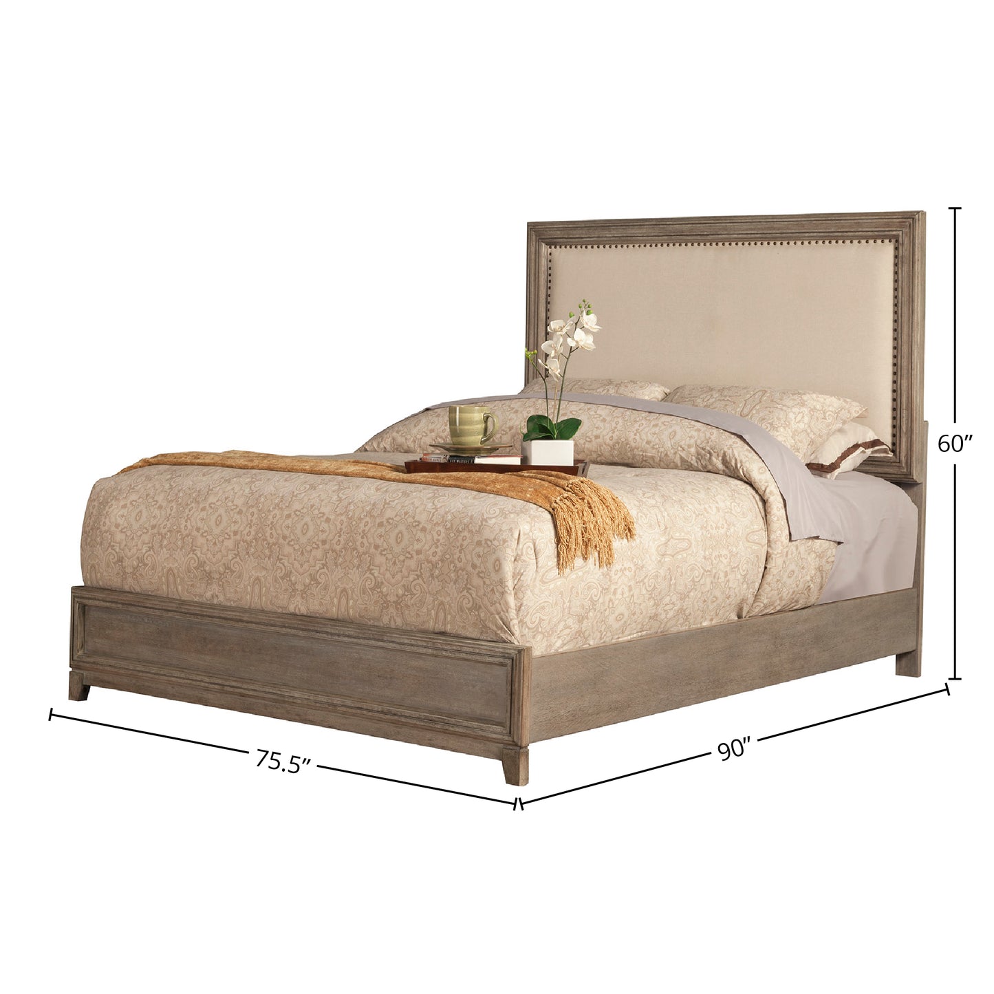 Camilla California King Panel Bed w/Upholstered Headboard & Nailheads, Antique Grey