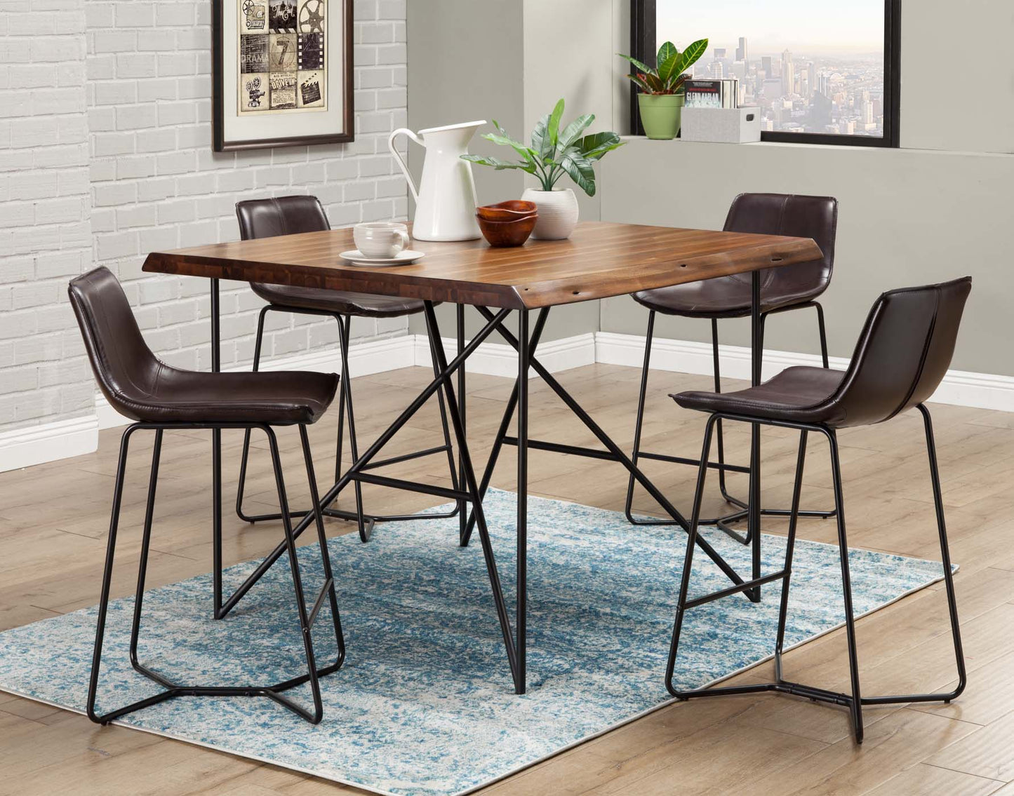 Live Edge Set of 2 Bonded Leather Pub Chairs, Dark Brown