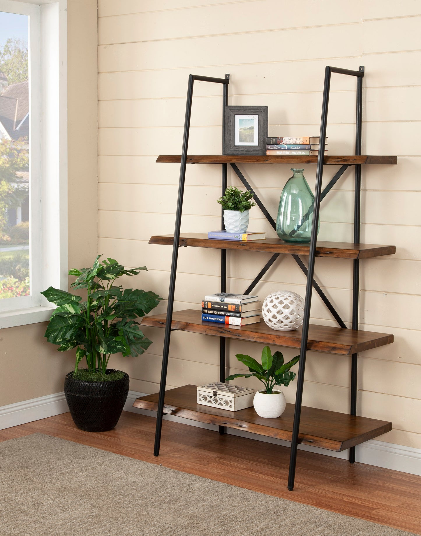 Live Edge 4 Shelf Bookshelf, Light Walnut