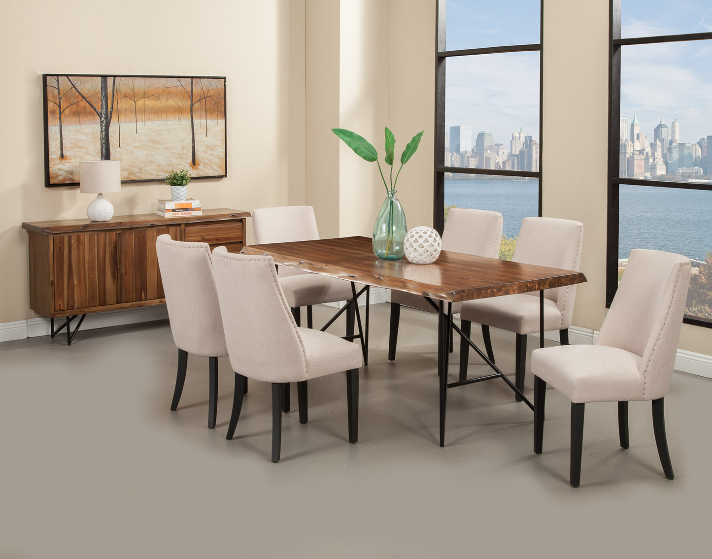 Live Edge Set of 2 Upholstered Parson Chairs, Cream/Black