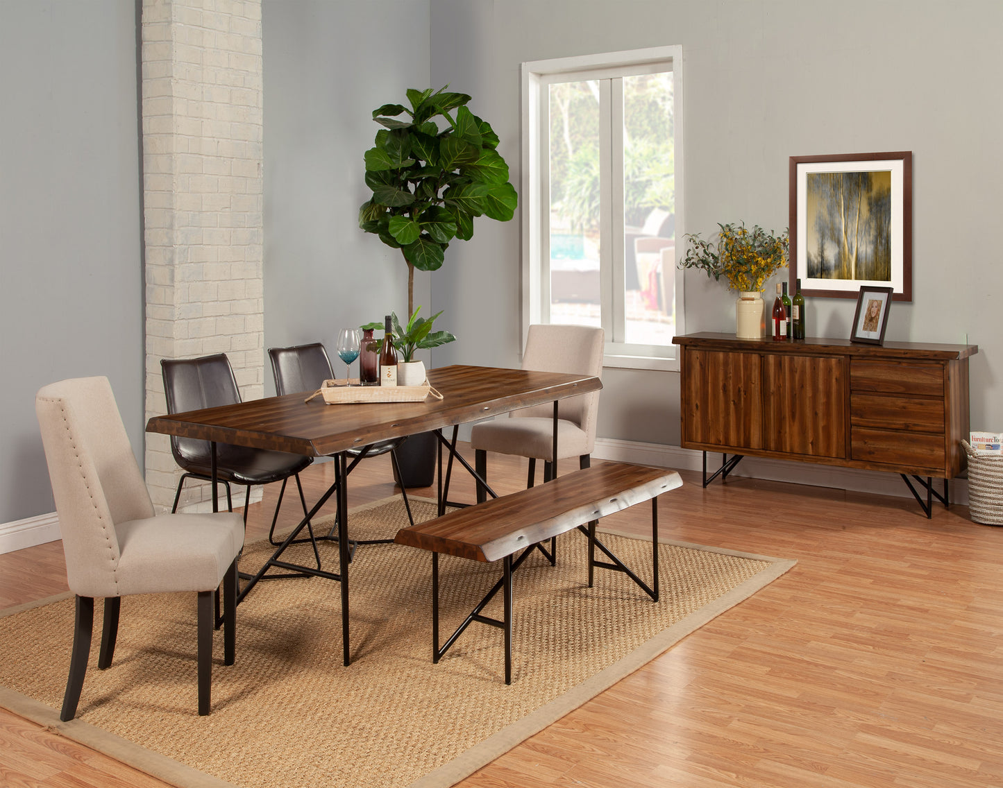 Live Edge Set of 2 Bonded Leather Side Chairs, Dark Brown