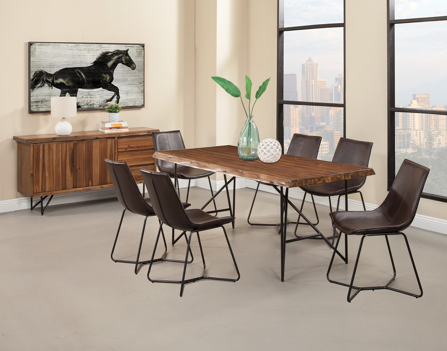 Live Edge Set of 2 Bonded Leather Side Chairs, Dark Brown