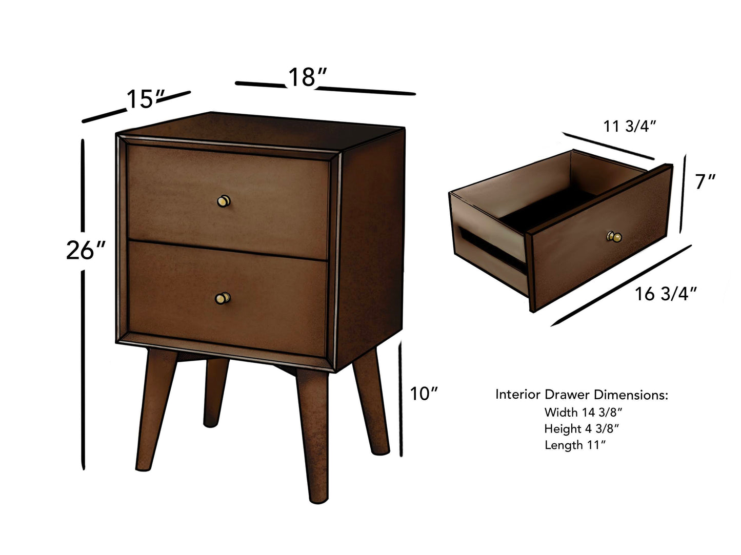 Flynn Mid Century Modern 2 Drawer Nightstand, Walnut