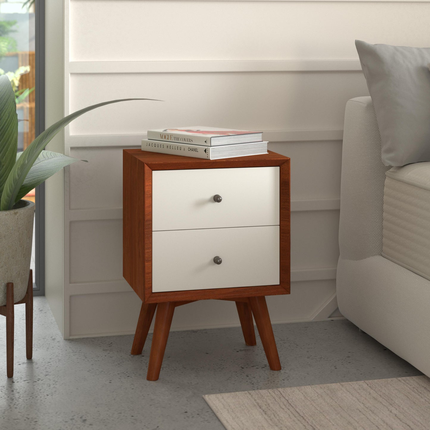 Flynn 2 Drawer Two Tone Nightstand, Chestnut/White
