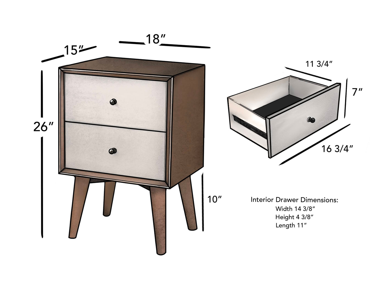 Flynn 2 Drawer Two Tone Nightstand, Chestnut/White