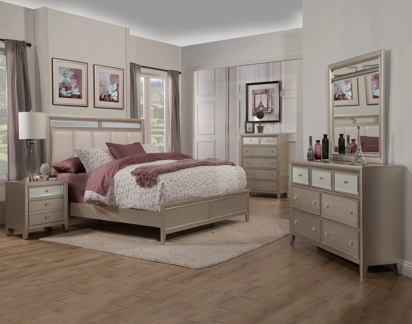 Silver Dreams Standard King Panel Bed w/Upholstered Headboard, Silver