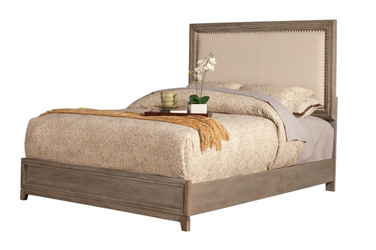 Camilla California King Panel Bed w/Upholstered Headboard & Nailheads, Antique Grey