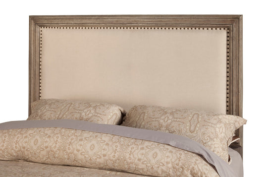 Camilla California King Panel Bed w/Upholstered Headboard & Nailheads, Antique Grey