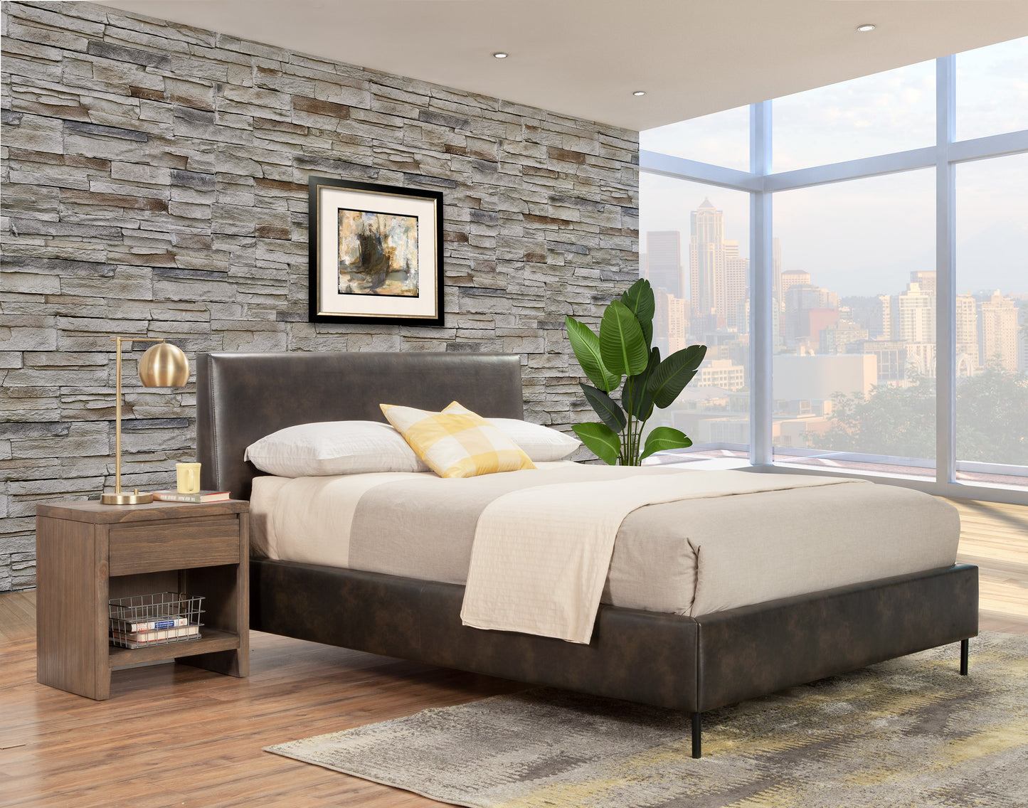 Sophia Standard King Faux Leather Platform Bed, Gray