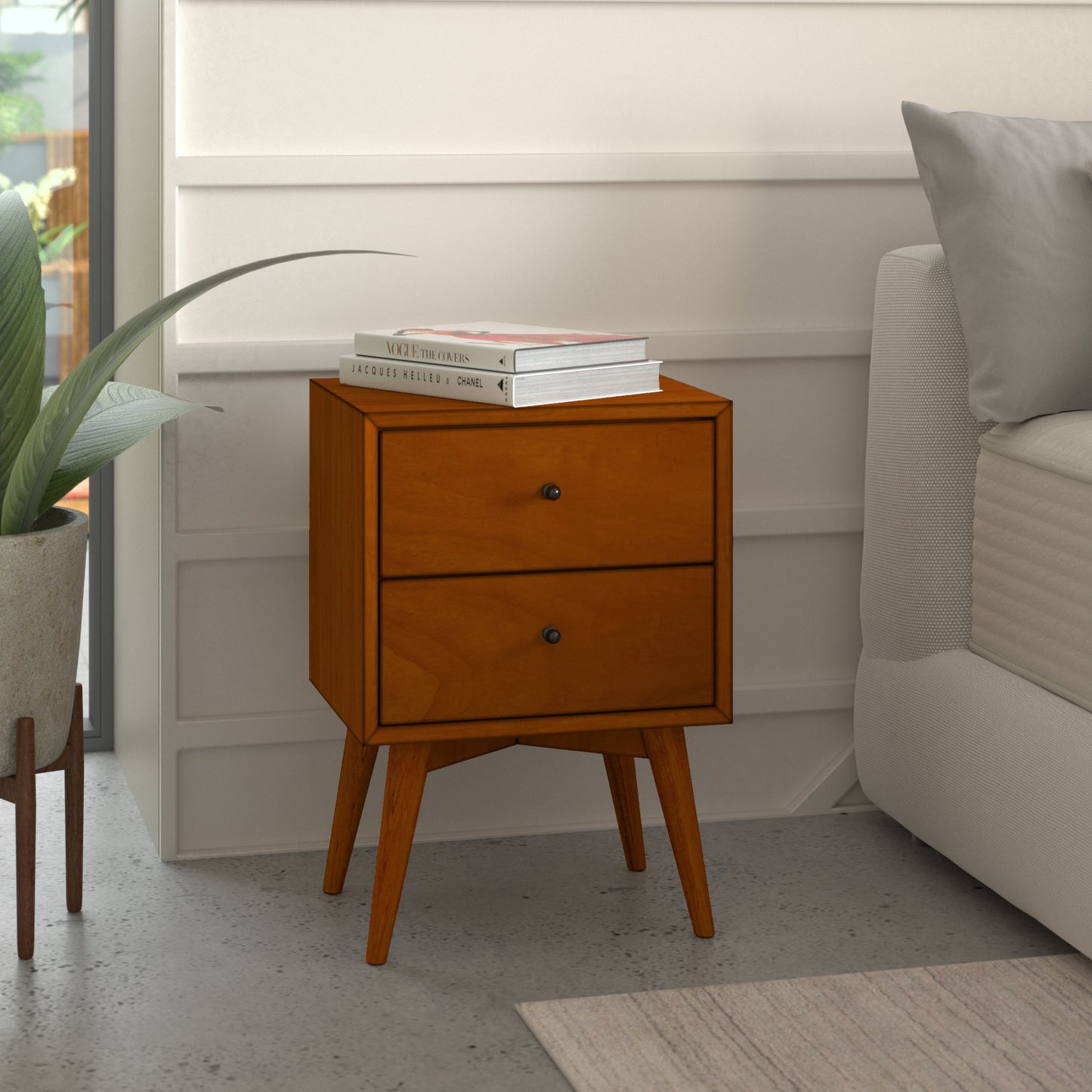 Flynn Mid Century Modern 2 Drawer Nightstand, Chestnut