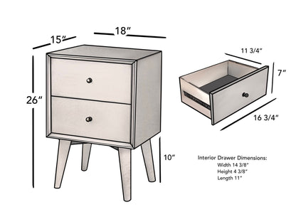 Flynn Mid Century Modern 2 Drawer Nightstand, White