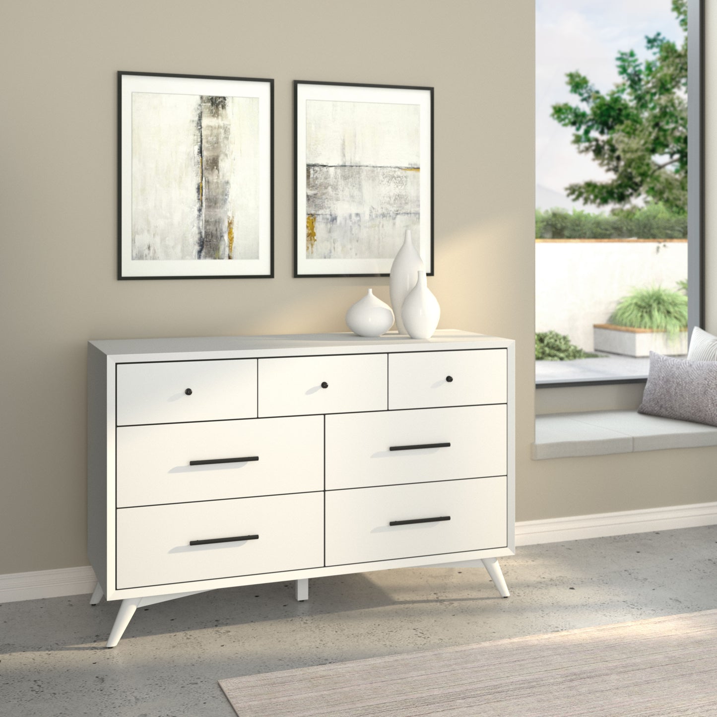 Flynn Mid Century Modern 7 Drawer Dresser, White
