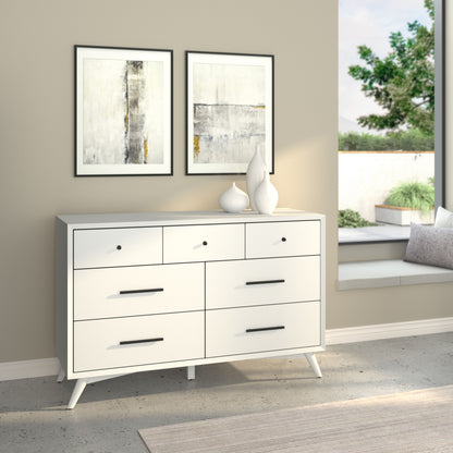 Flynn Mid Century Modern 7 Drawer Dresser, White