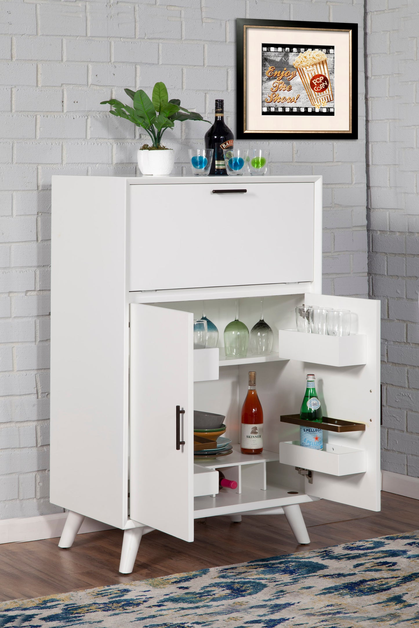 Flynn Large Bar Cabinet w/Drop Down Tray, White