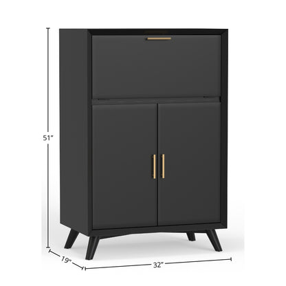Flynn Large Bar Cabinet w/Drop Down Tray, Black