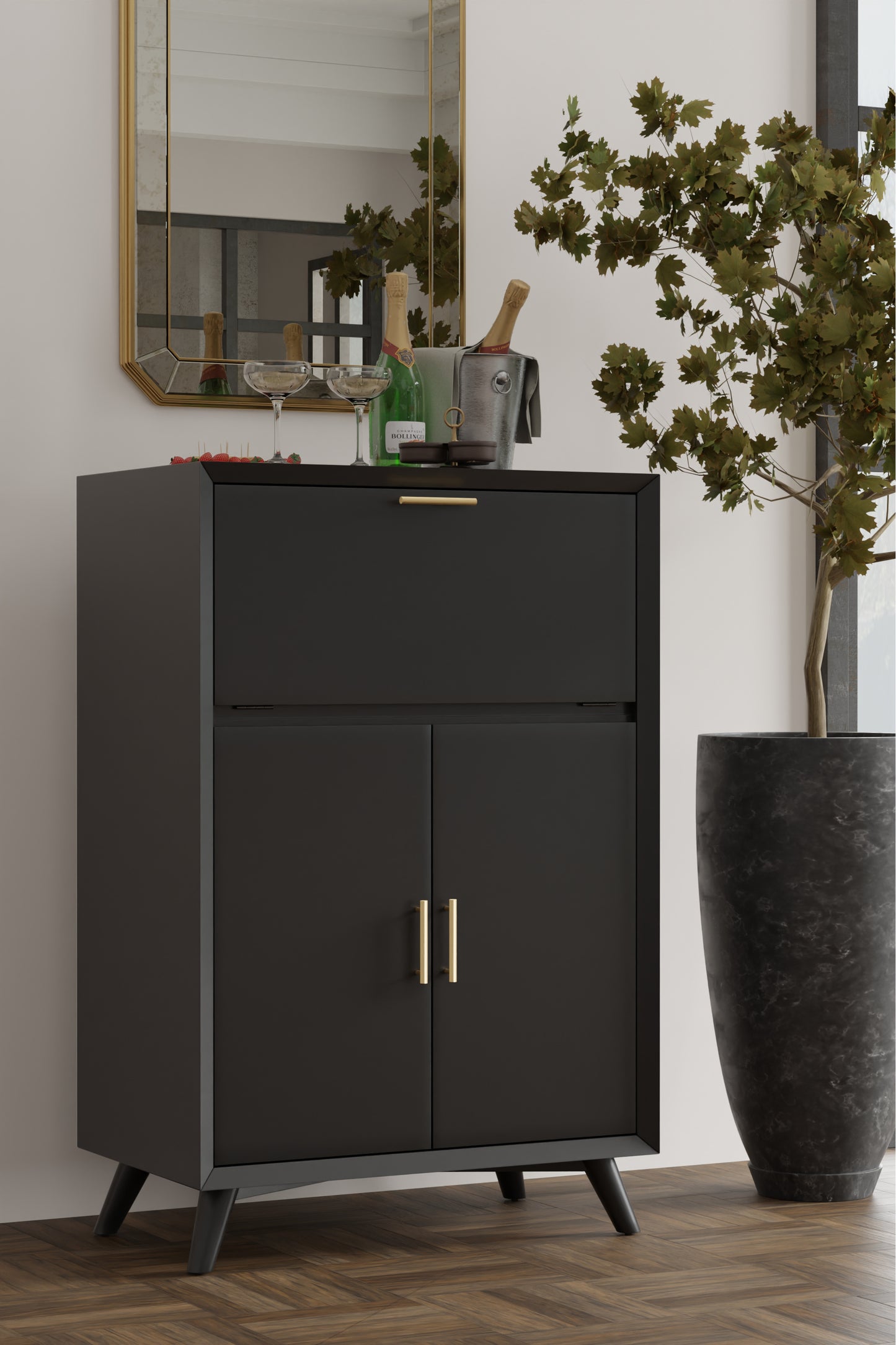 Flynn Large Bar Cabinet w/Drop Down Tray, Black