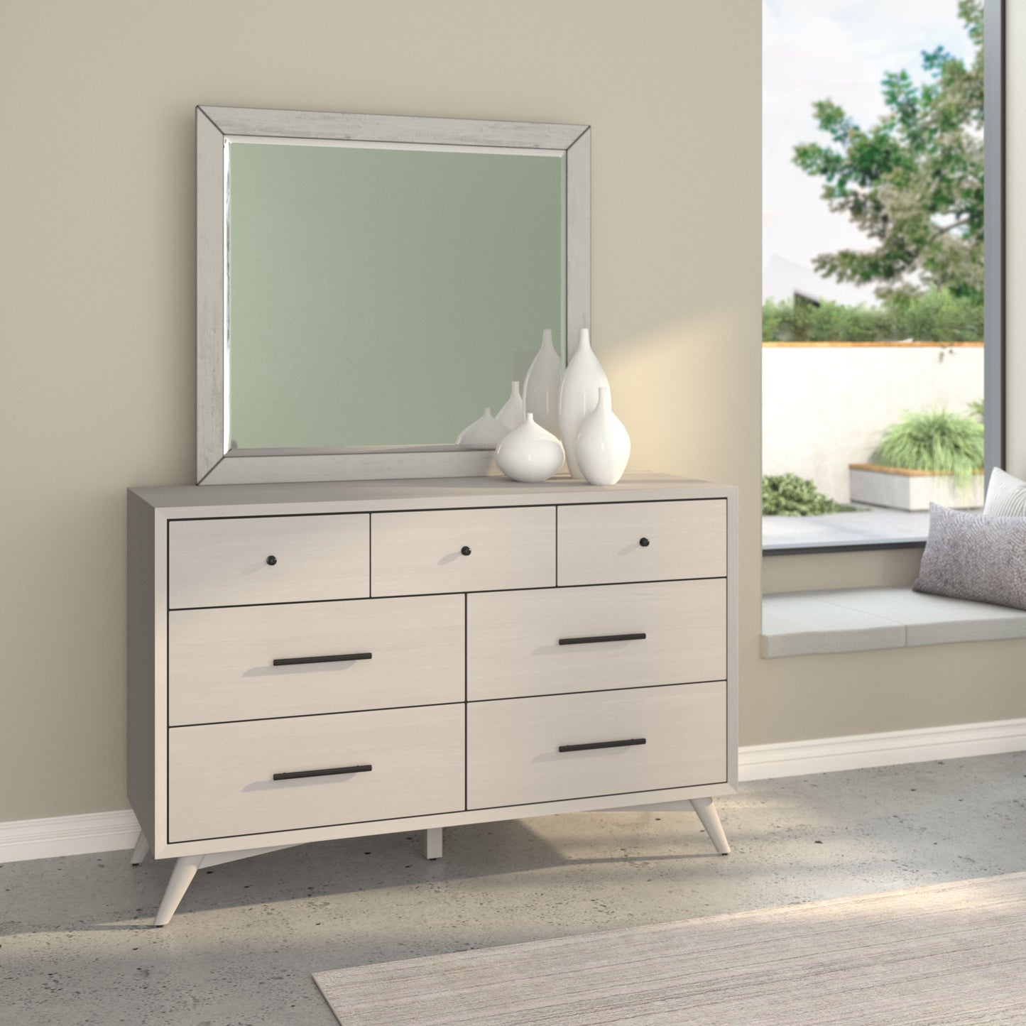 Flynn Mid Century Modern 7 Drawer Dresser, Gray