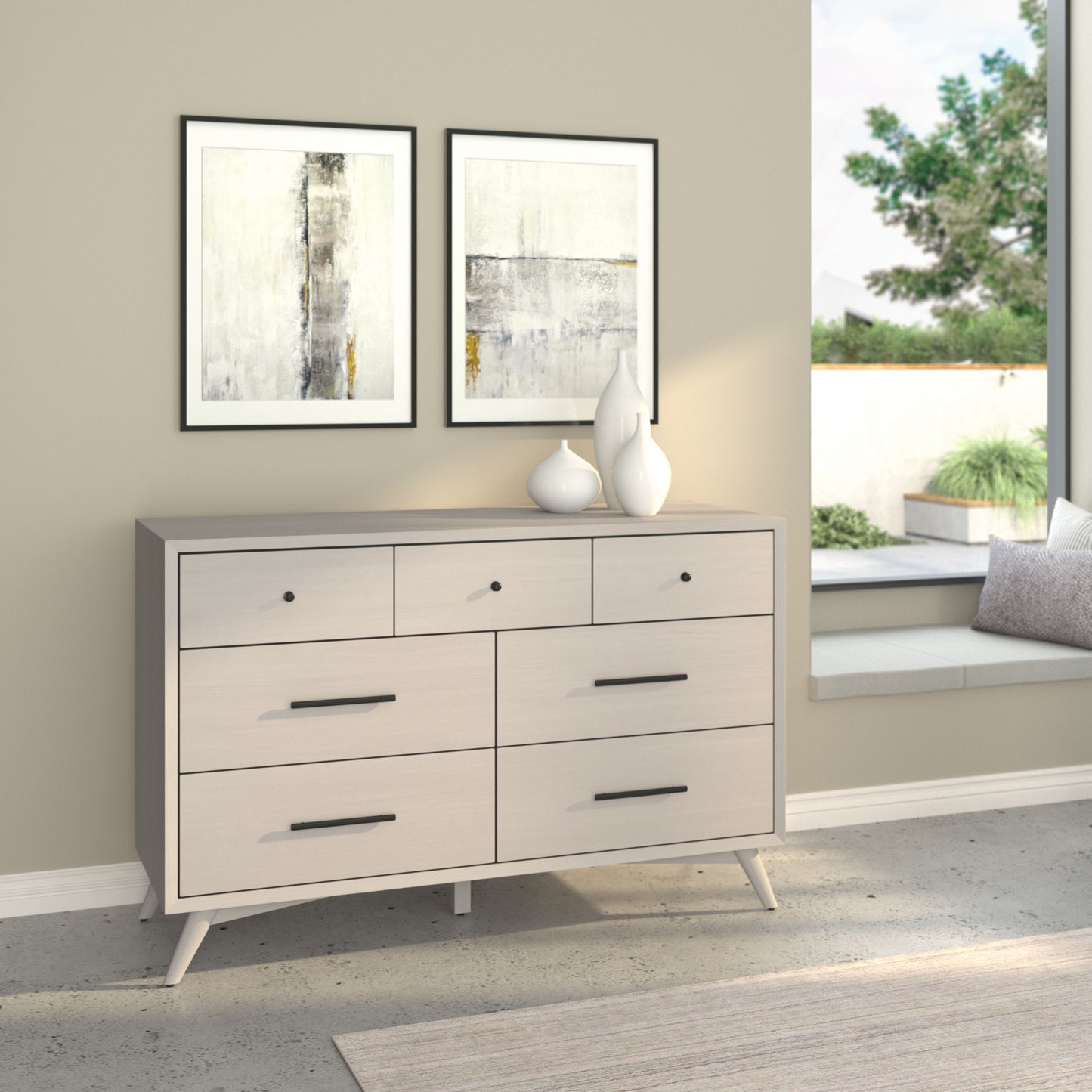 Flynn Mid Century Modern 7 Drawer Dresser, Gray
