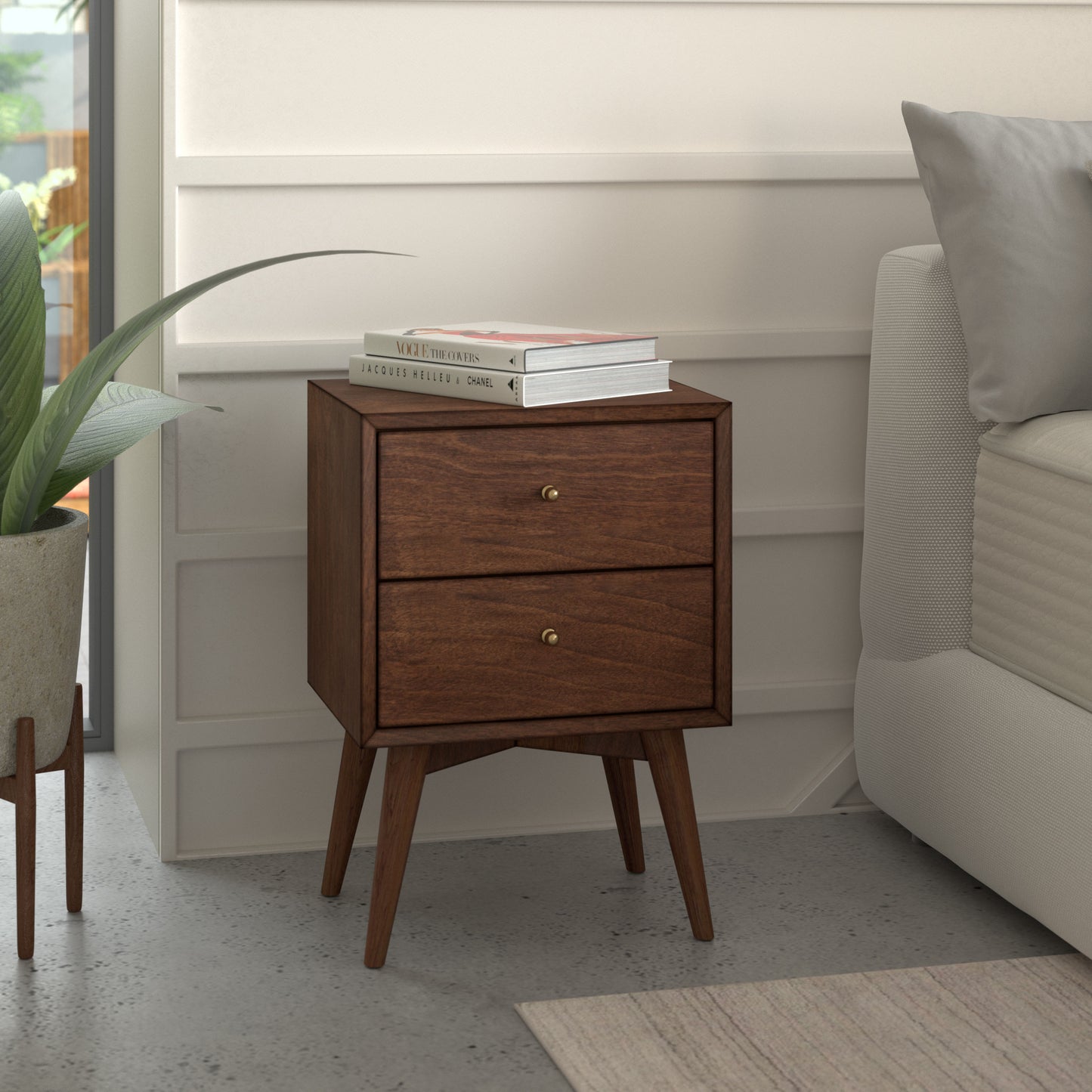 Flynn Mid Century Modern 2 Drawer Nightstand, Walnut