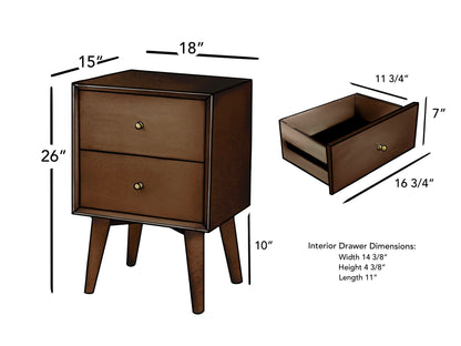 Flynn Mid Century Modern 2 Drawer Nightstand, Walnut
