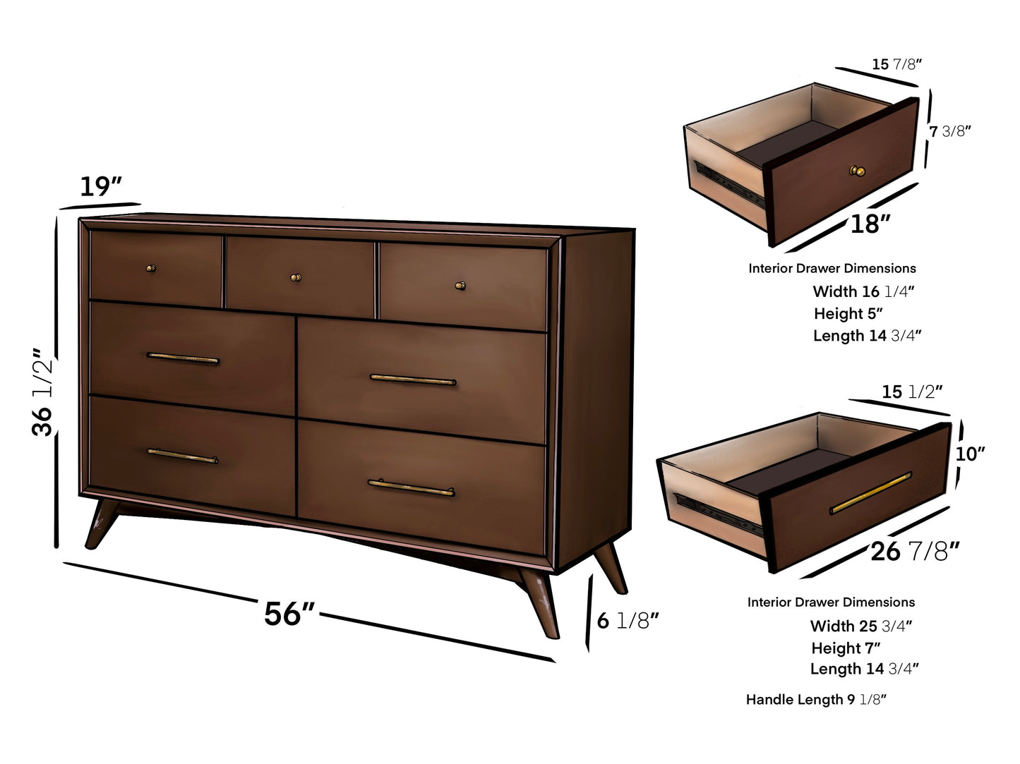 Flynn Mid Century Modern 7 Drawer Dresser, Walnut