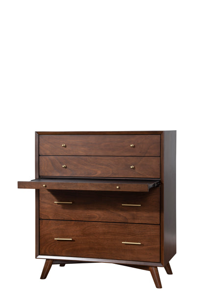 Flynn Mid Century Modern 4 Drawer Multifunction Chest w/Pull Out Tray, Walnut