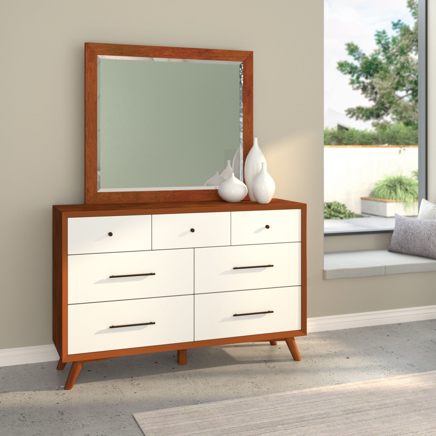 Flynn Mid Century Modern Two Tone Mirror, Chestnut/White