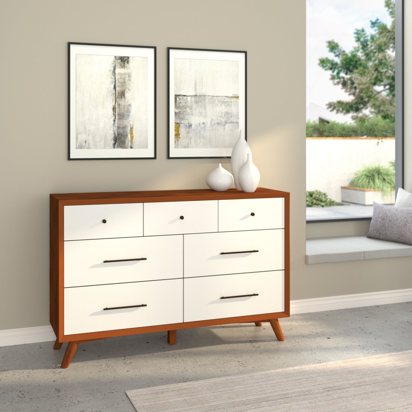 Flynn 7 Drawer Two Tone Dresser, Chestnut/White