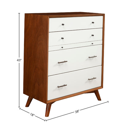 Flynn Mid Century Modern 4 Drawer Two Tone Multifunction Chest w/Pull Out Tray, Chestnut/White