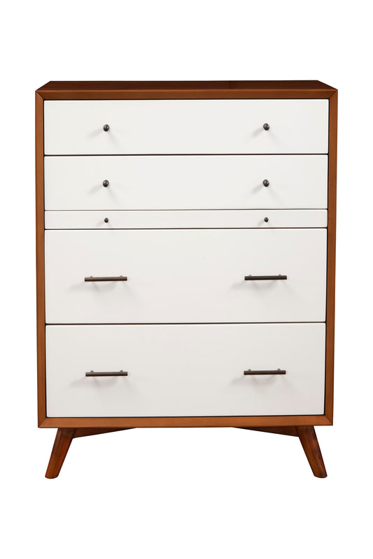 Flynn Mid Century Modern 4 Drawer Two Tone Multifunction Chest w/Pull Out Tray, Chestnut/White