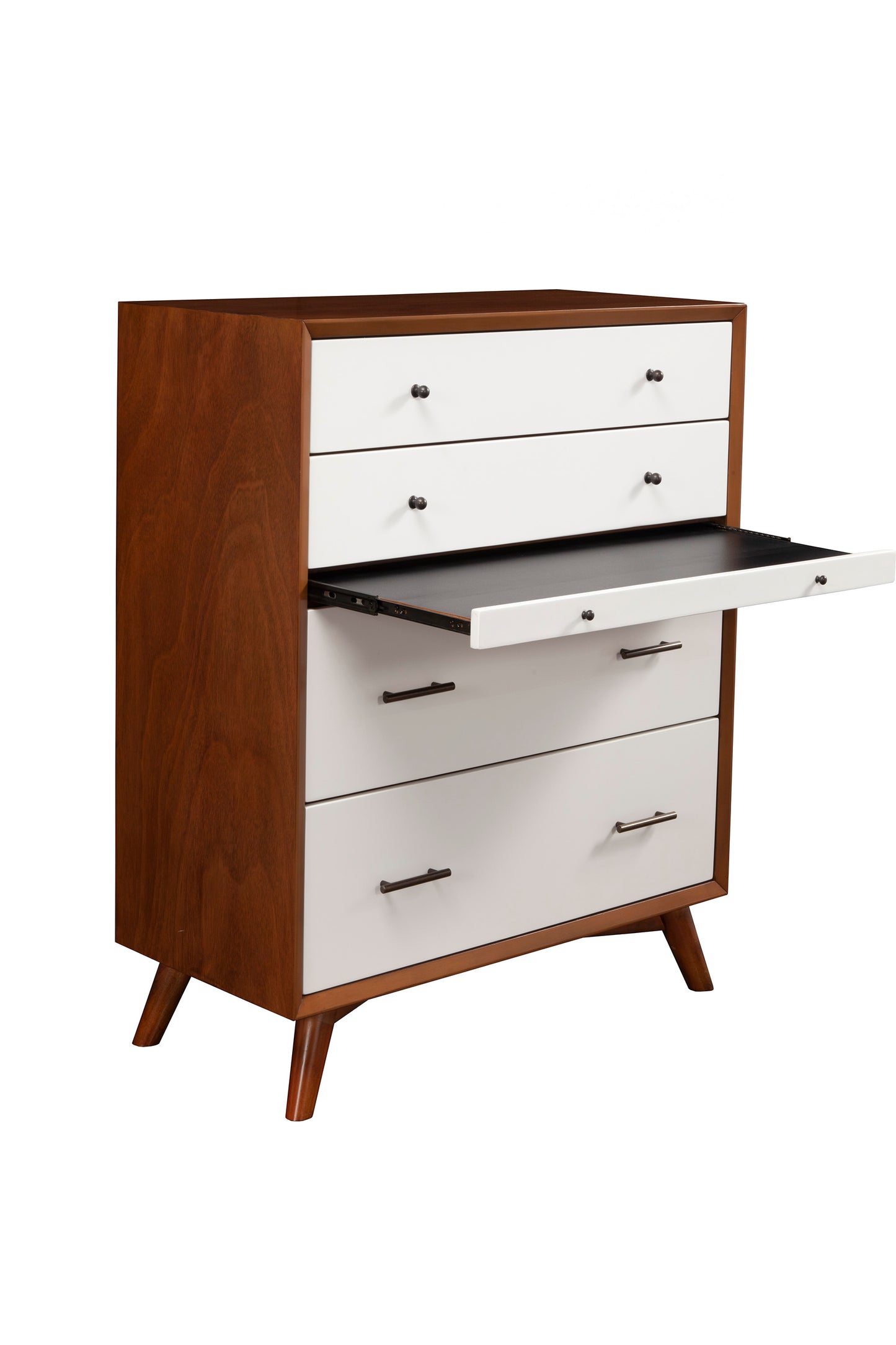 Flynn Mid Century Modern 4 Drawer Two Tone Multifunction Chest w/Pull Out Tray, Chestnut/White