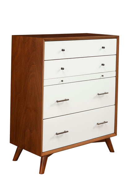 Flynn Mid Century Modern 4 Drawer Two Tone Multifunction Chest w/Pull Out Tray, Chestnut/White