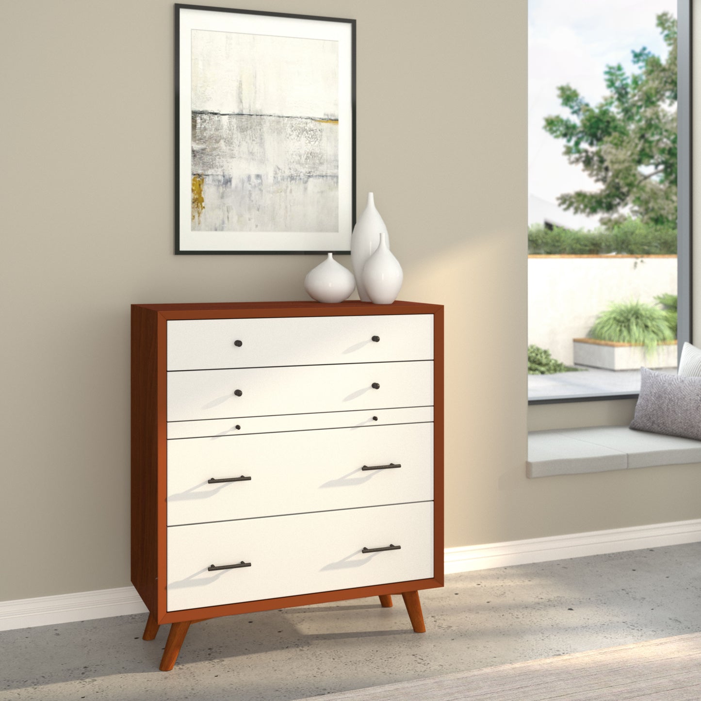 Flynn Mid Century Modern 4 Drawer Two Tone Multifunction Chest w/Pull Out Tray, Chestnut/White
