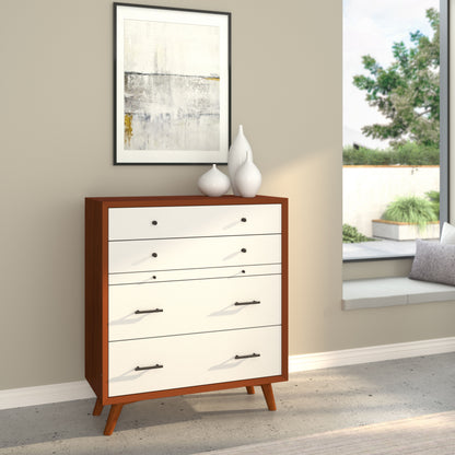 Flynn Mid Century Modern 4 Drawer Two Tone Multifunction Chest w/Pull Out Tray, Chestnut/White