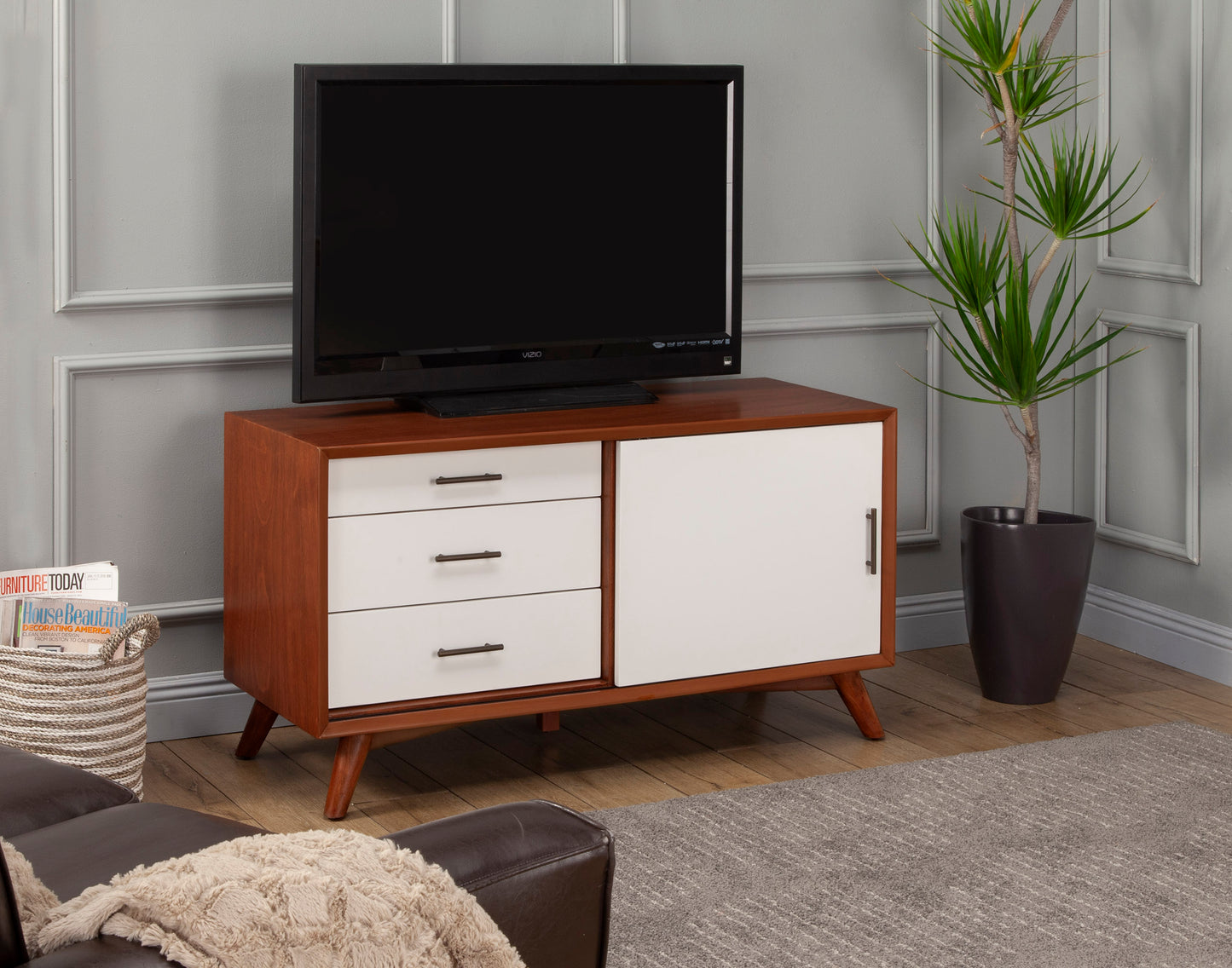Flynn Small TV Console, Chestnut/White