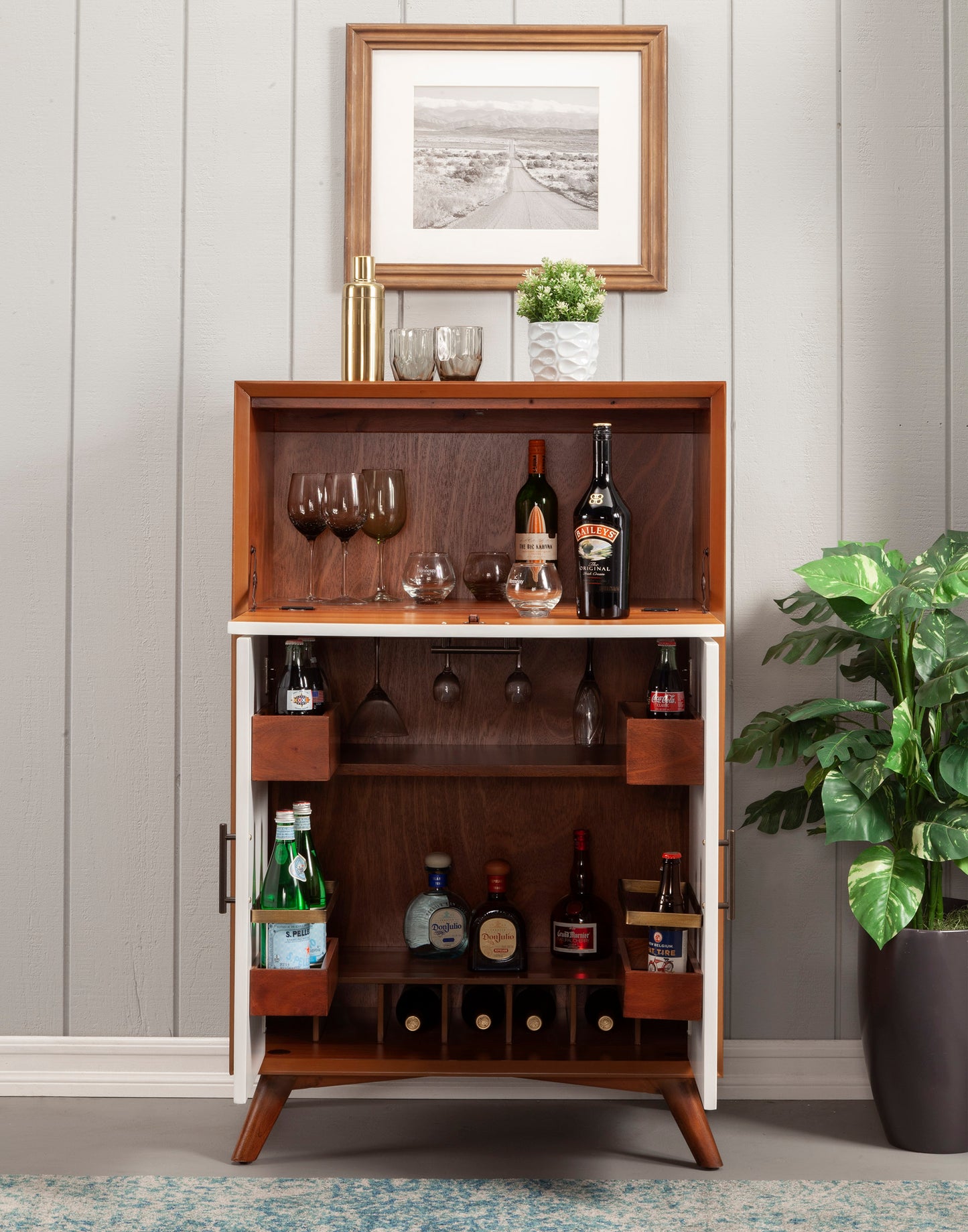 Flynn Large Bar Cabinet w/Drop Down Tray, Chestnut/White