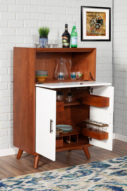 Flynn Large Bar Cabinet w/Drop Down Tray, Chestnut/White